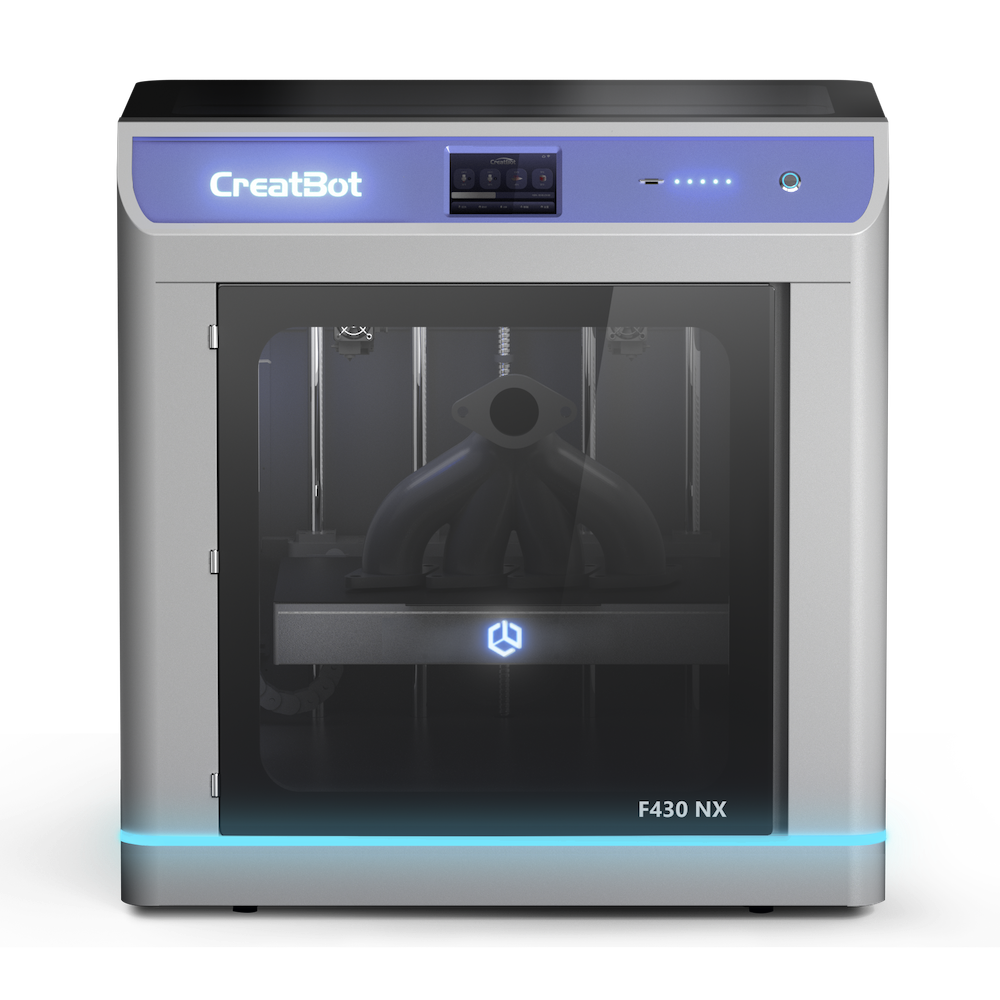 A front view of the CreatBot F430 NX 3D printer on a checkered background, with a finished print visible inside the chamber.