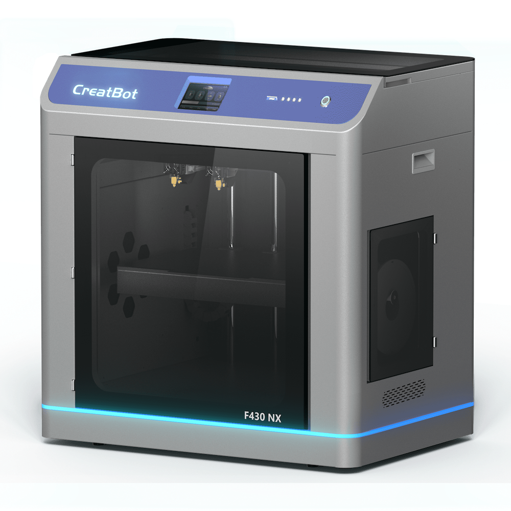 A side and front view of the CreatBot F430 NX 3D printer on a checkered background, highlighting the sleek, modern design with its blue accent lighting.