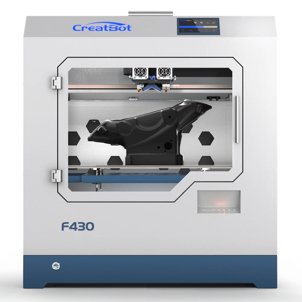 A detailed front view of the CreatBot F430 3D printer with its enclosure closed, featuring the brand logo on the top and the product model on the bottom, with a finished black object on the print bed.