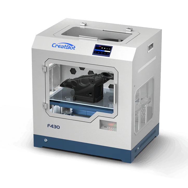 A three-quarter view of the CreatBot F430 3D printer, with the front door closed, showcasing the dual-extruder system and the printed object inside the enclosed printing chamber.