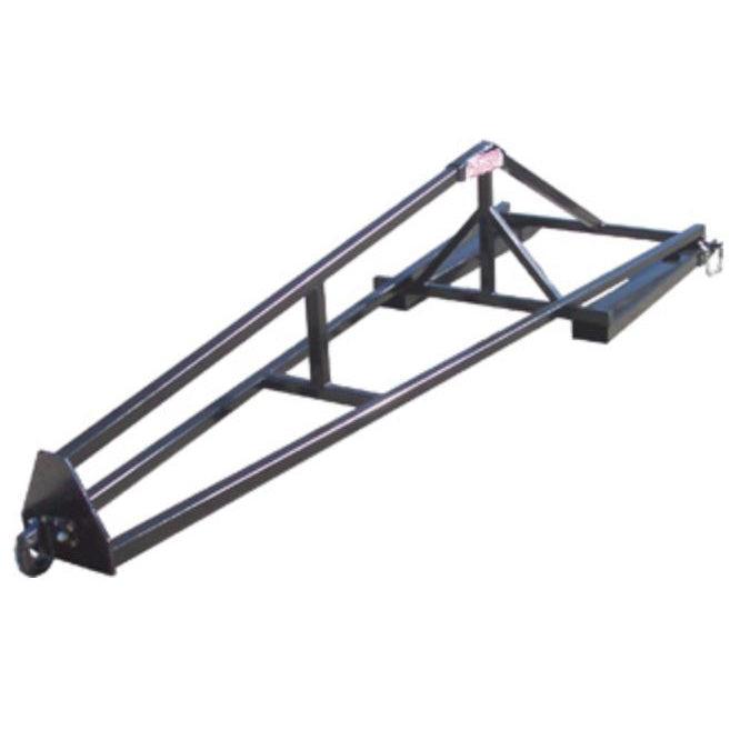 A black Fork Slot Truss Jib with a 2,000 lbs lifting capacity, safety chains, and fork slots designed to fit most telehandlers.