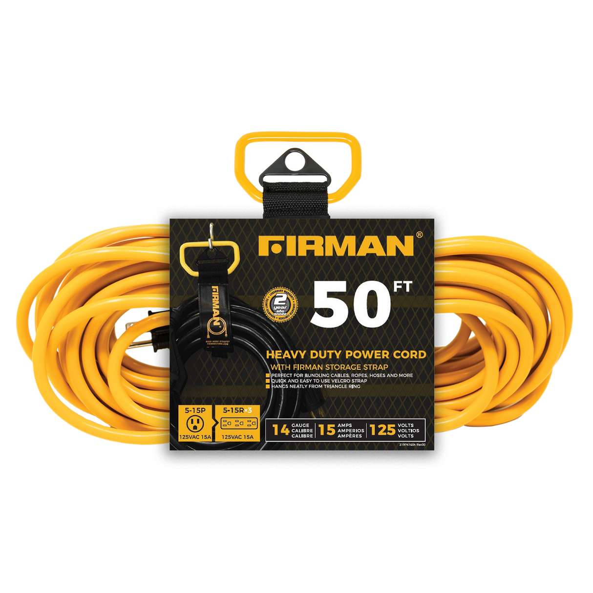 Firman 2020 50' Medium Duty 5-15P to (3) 5-15R Generator Utility Power Cord With Storage Strap