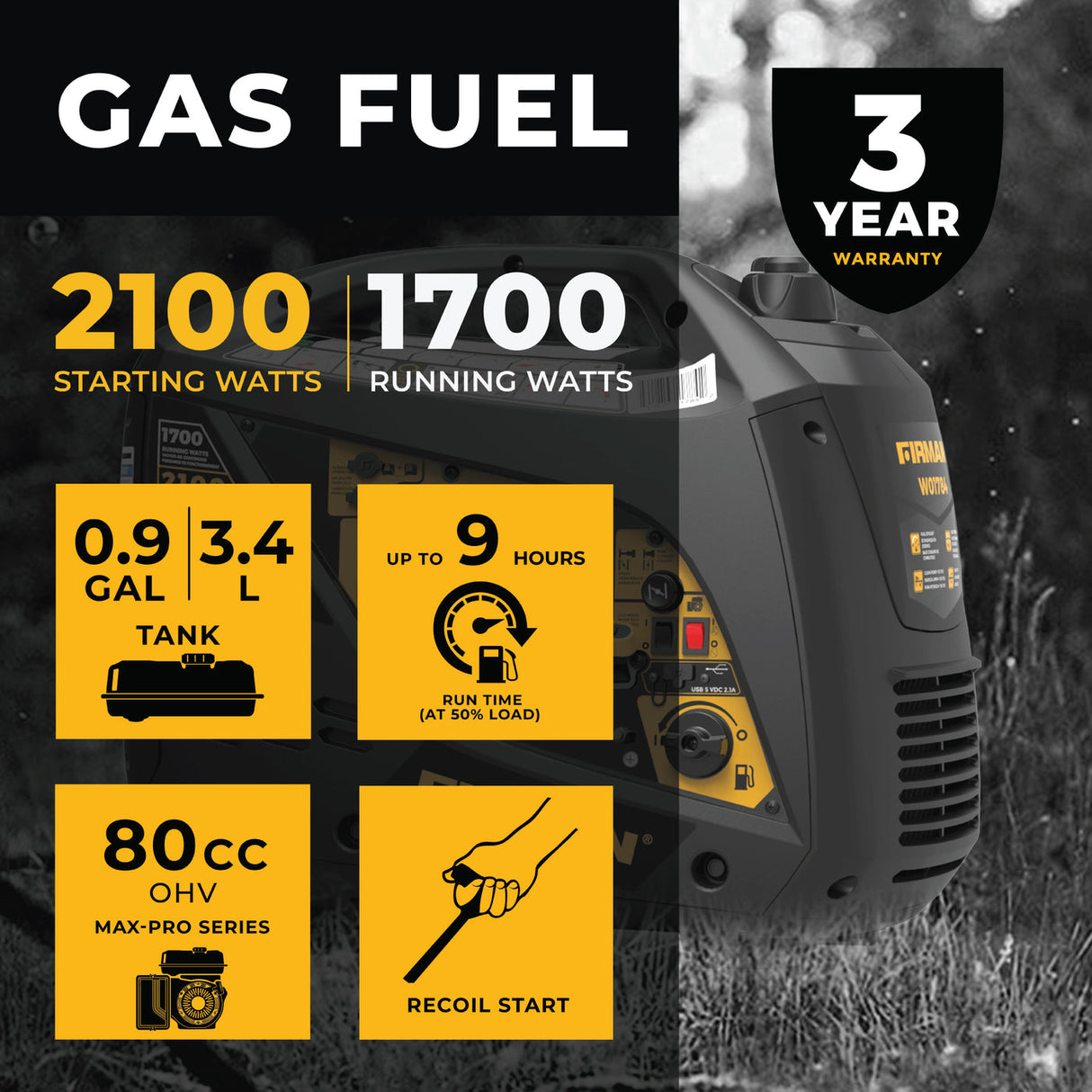 Firman W01784 Inverter Portable Generator 2100W Recoil Start