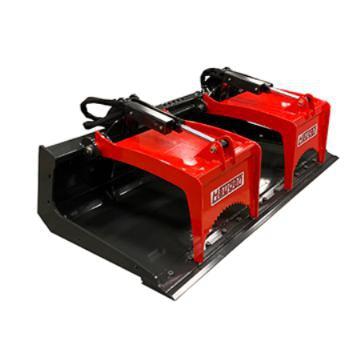 A black and red skid-steer scrap grapple with a weld-on high-carbon edge, independent grapples, and a 3/8" thick mount plate.
