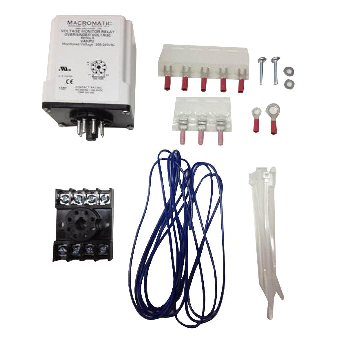 The Generac 240V relay kit is laid out on a white background, showing all the included parts: a square white MACROMATIC voltage relay, a black relay base, a bag of assorted hardware, two wiring terminals, blue wiring, and a white plastic cable tie.