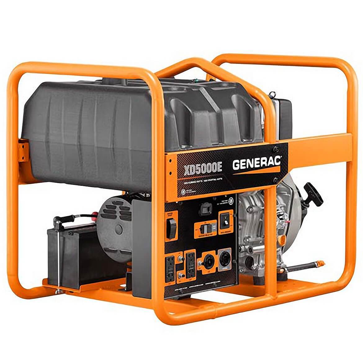 A full view of the orange and black Generac XD5000E Portable Diesel Generator - Model 6864, highlighting the front control panel with multiple outlets.