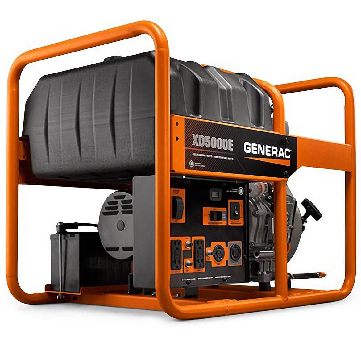 The Generac XD5000E Portable Diesel Generator - Model 6864 seen from the front, showing the "XD5000E" and "GENERAC" labels on the control panel.
