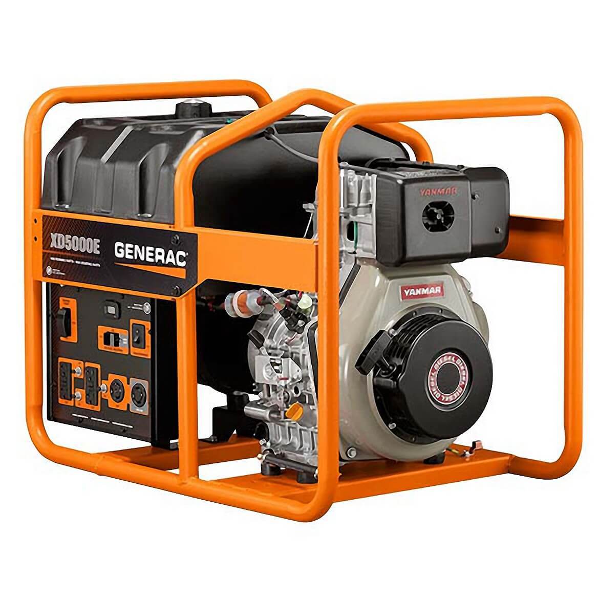 Angled side view of the orange and black Generac XD5000E Portable Diesel Generator - Model 6864, showing the Yanmar diesel engine and large fuel tank.