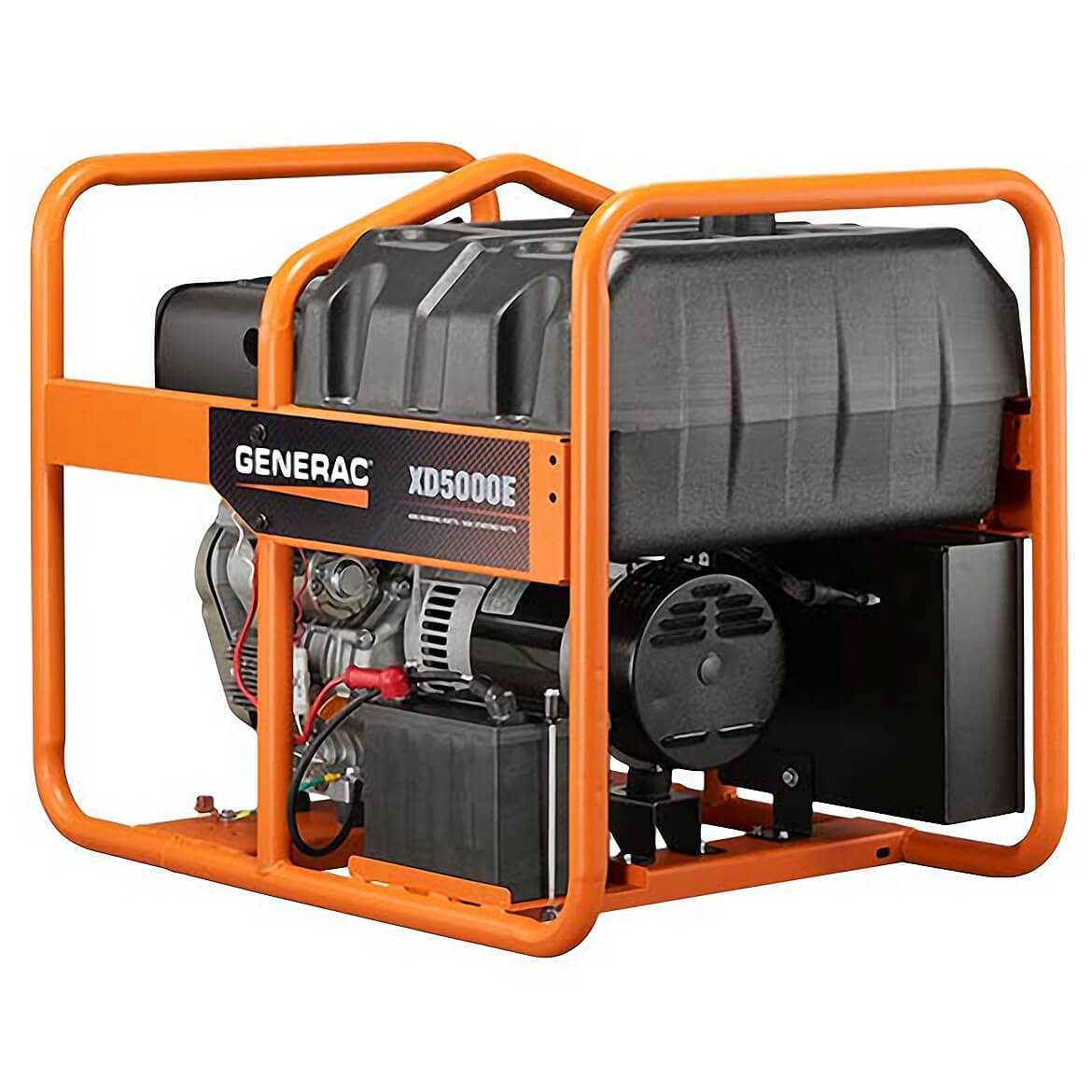 Rear view of the Generac XD5000E Portable Diesel Generator - Model 6864, showcasing the solid steel frame, black fuel tank, and a large black exhaust fan.