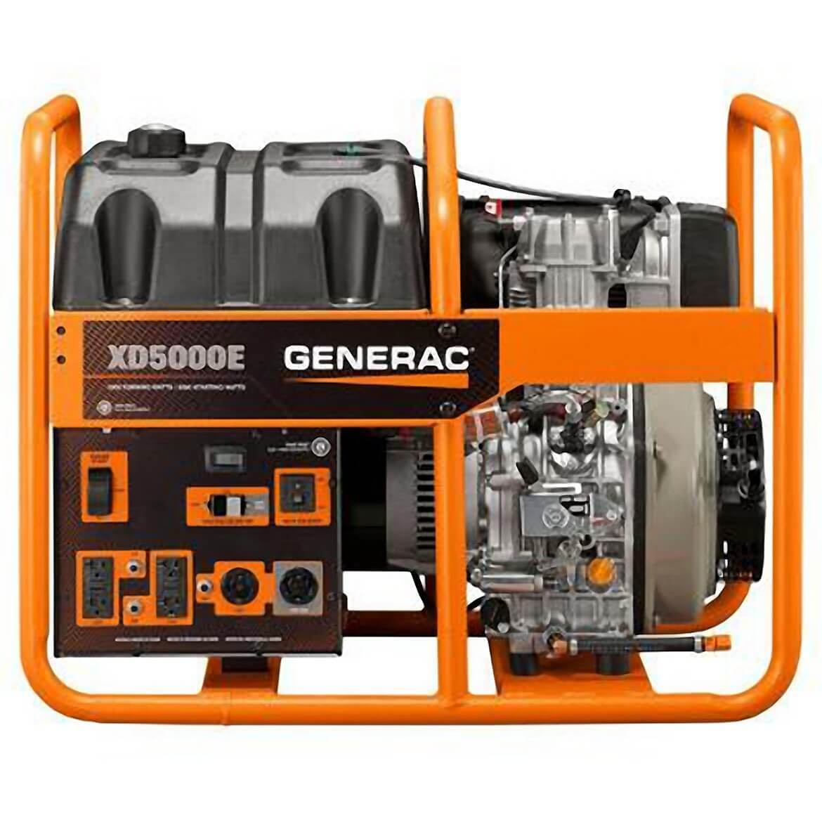 Top-down view of the Generac XD5000E Portable Diesel Generator - Model 6864, showing the engine, fuel tank, and control panel from above.