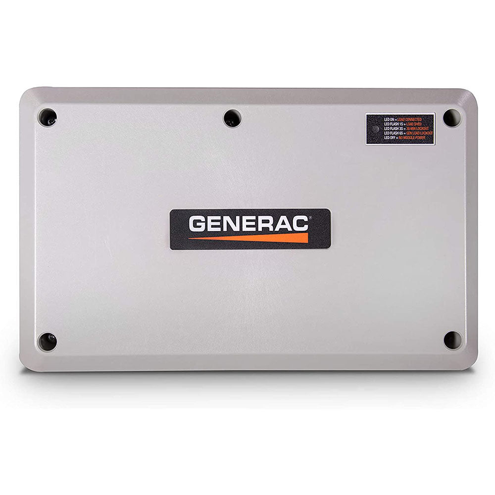 Front view of the gray Generac 100 Amp Smart Management Module - Model 7006, showing the "GENERAC" logo and a label with specifications on the side.