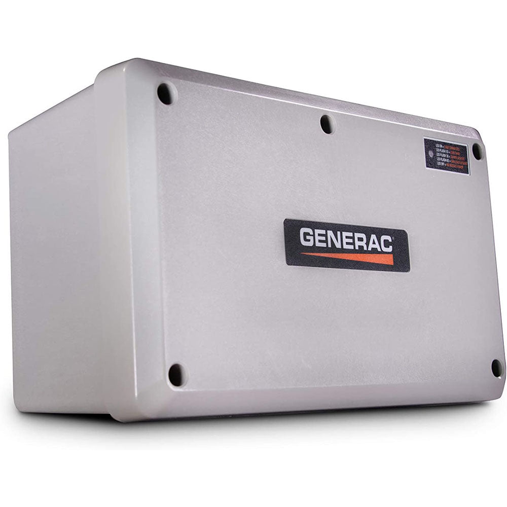Angled view of the gray Generac 100 Amp Smart Management Module - Model 7006, highlighting the textured housing and four visible screw points.