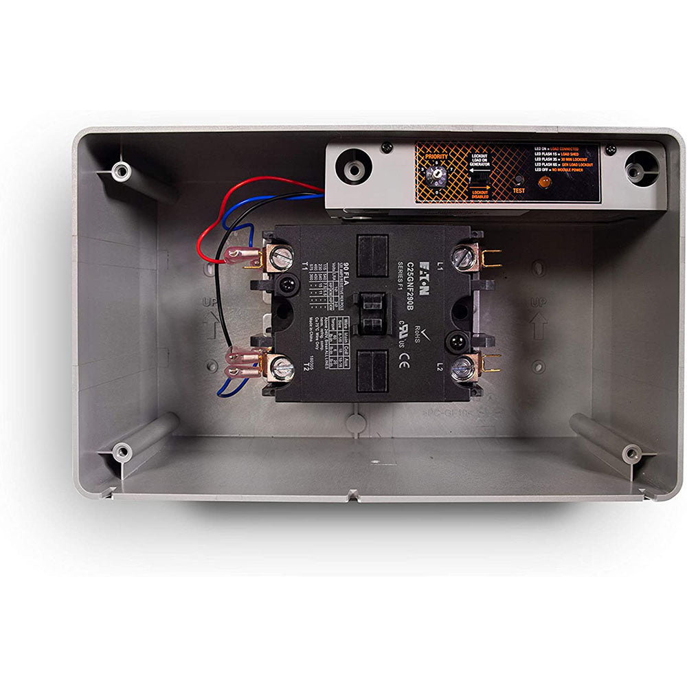Internal view of the Generac 100 Amp Smart Management Module - Model 7006, showing the wiring and circuit board housed within the open gray enclosure.