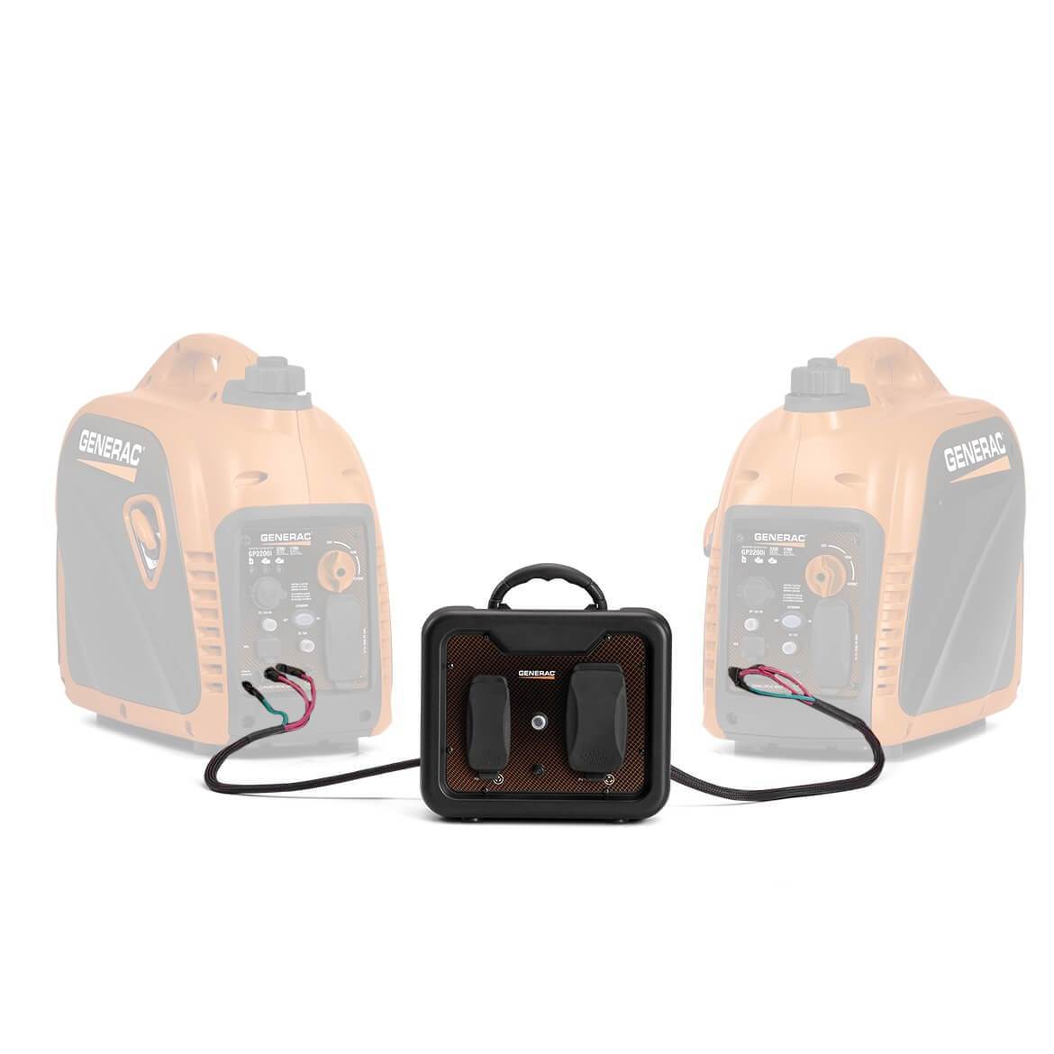 The Generac GP2200i inverter generator parallel kit is shown between two faded outline renderings of the GP2200i generators it connects, demonstrating how the system works.