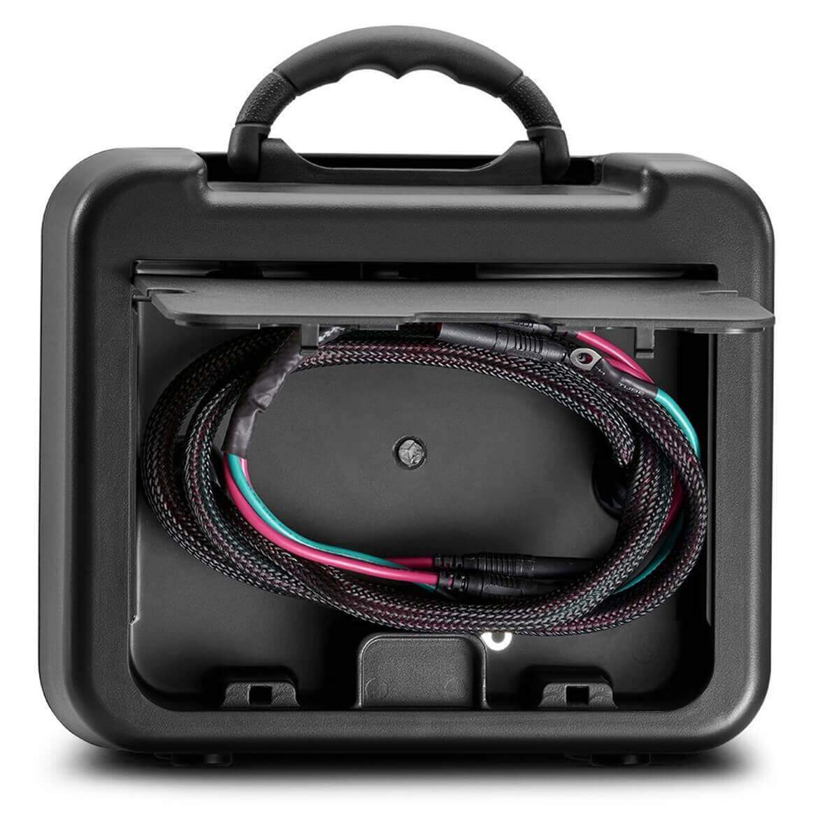 A close-up of the Generac GP2200i inverter generator parallel kit shows the black and red cords stored neatly within a hinged compartment.