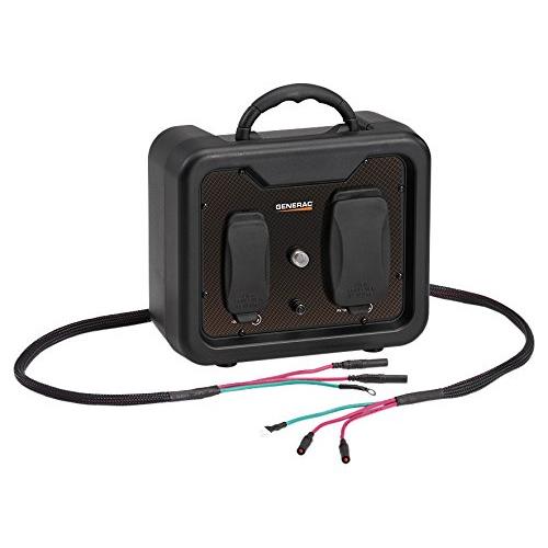 The Generac GP2200i inverter generator parallel kit is shown from the front with the attached cords, highlighting the dual receptacles and compact, portable housing.