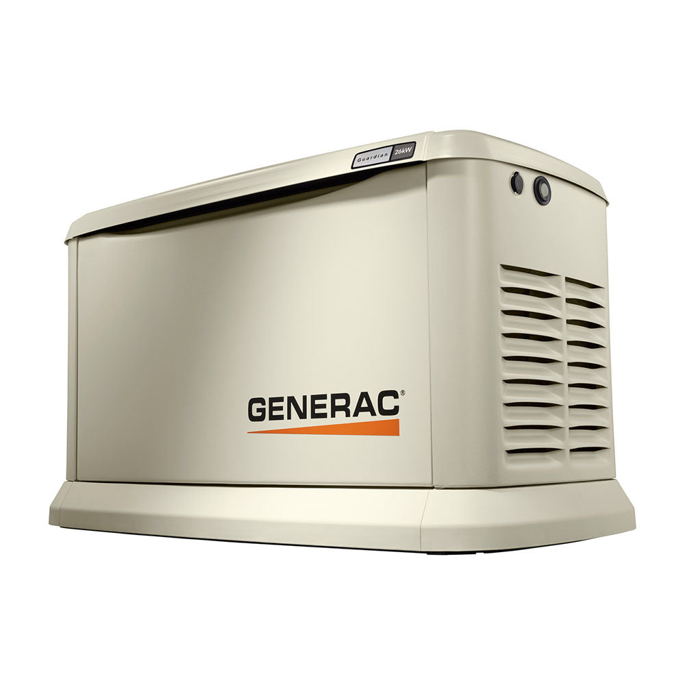 A beige Generac Guardian Series 26kW Home Standby Generator with a closed weatherproof enclosure and side vents, shown on a white background.