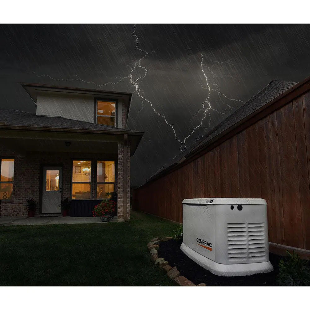 A beige Generac Guardian Series 26kW Home Standby Generator installed in a residential backyard at night, with lightning striking in the background during a storm.