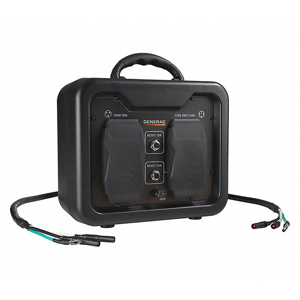 A black Generac Parallel Cable Kit with a built-in handle and two heavy-duty, 2-foot cables. The kit is designed to connect two iQ3500 or GP3000i inverter generators.