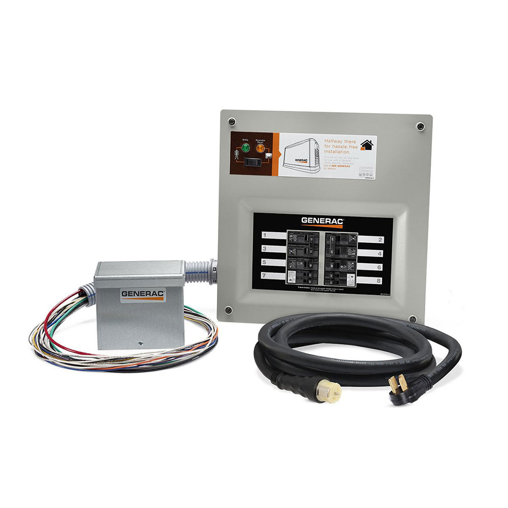 The Generac 50-Amp HomeLink Upgradeable Manual Transfer Switch - Model 9855, including the main gray panel, a 10' 50-amp power cord, and a separate power inlet box.