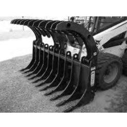 A black and white image of a skid-steer grapple rake with a 53" clam opening and durable steel bucket teeth, shown from a side angle.