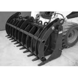 A front view of the skid-steer grapple rake, highlighting its robust 3" x 10" industrial cylinders and built-in cylinder guards.