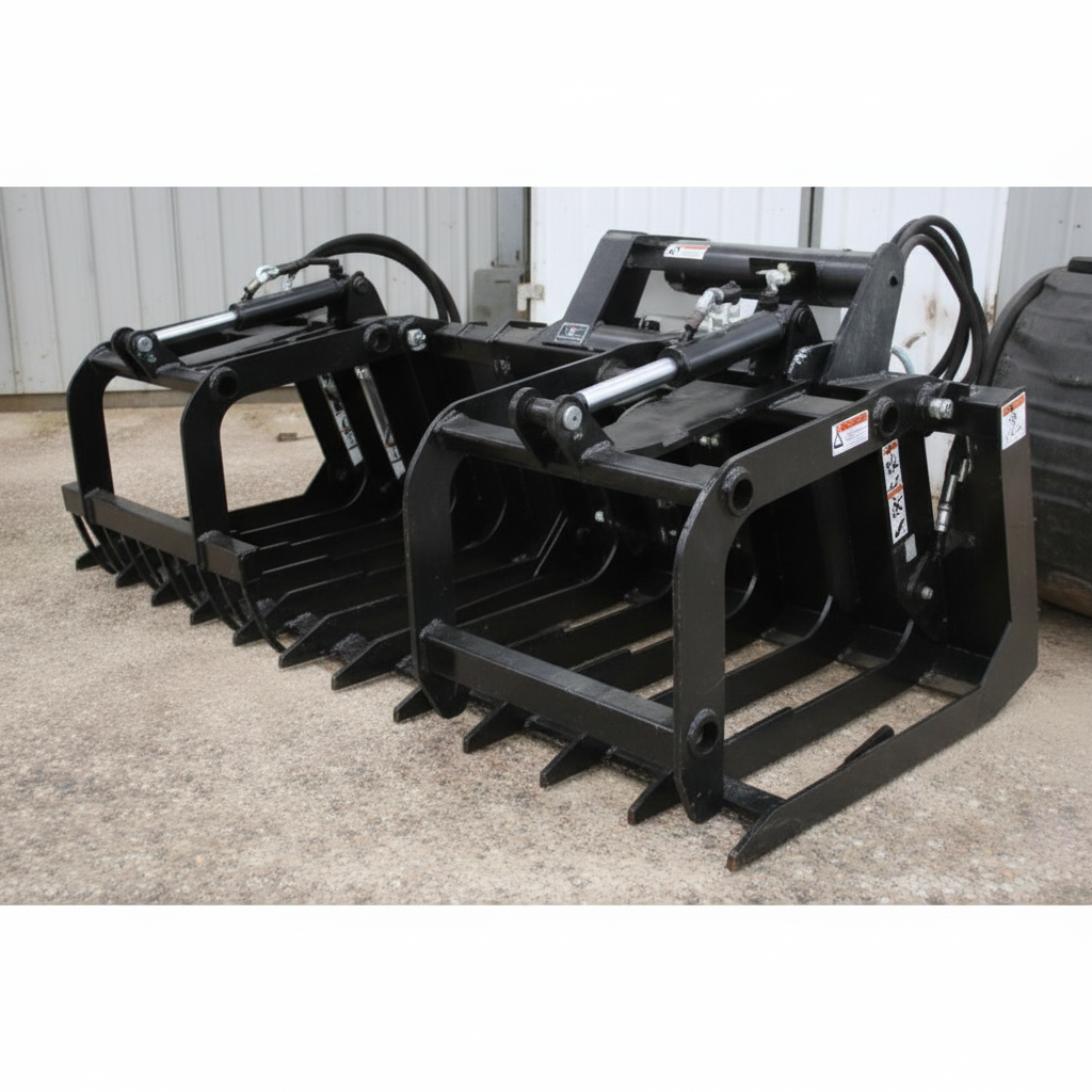 Two black Root Grapples for compact tractors and mini skid-steers, with single and dual clams, shown side-by-side in a garage setting.