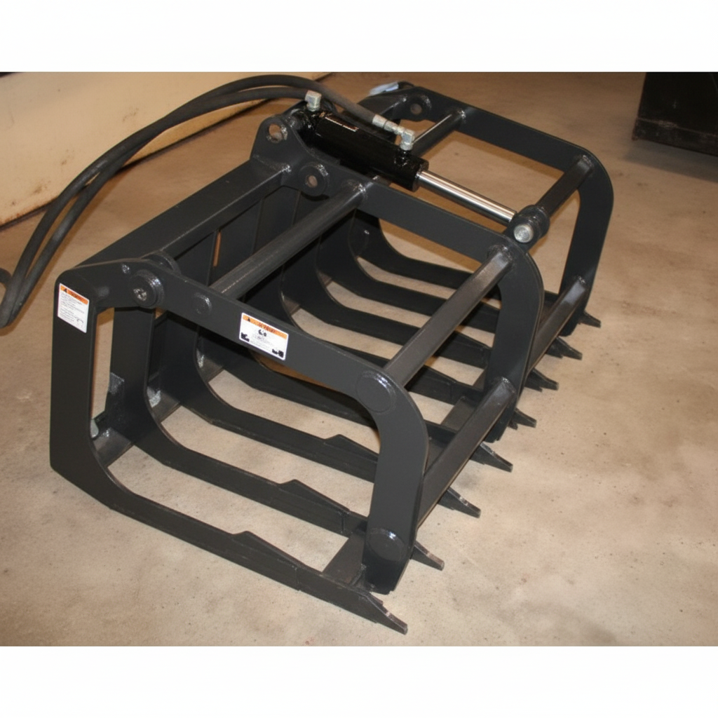 A black Root Grapple with a single clam for a compact tractor, with hydraulic lines attached, sitting on a concrete floor.