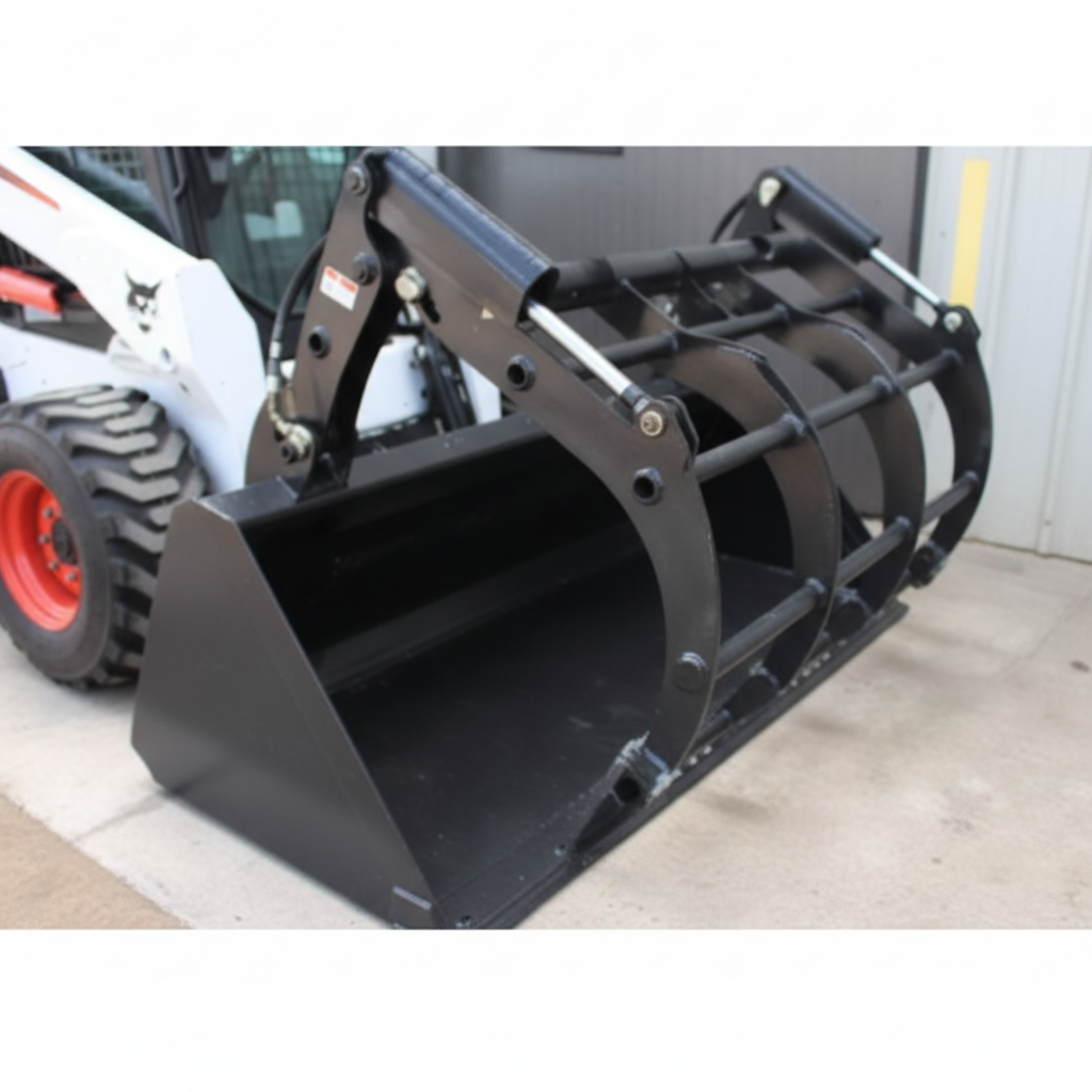 A side view of the black round bale grapple attachment, highlighting its removable design, with the grapple arm lifted and the kick-stand visible.