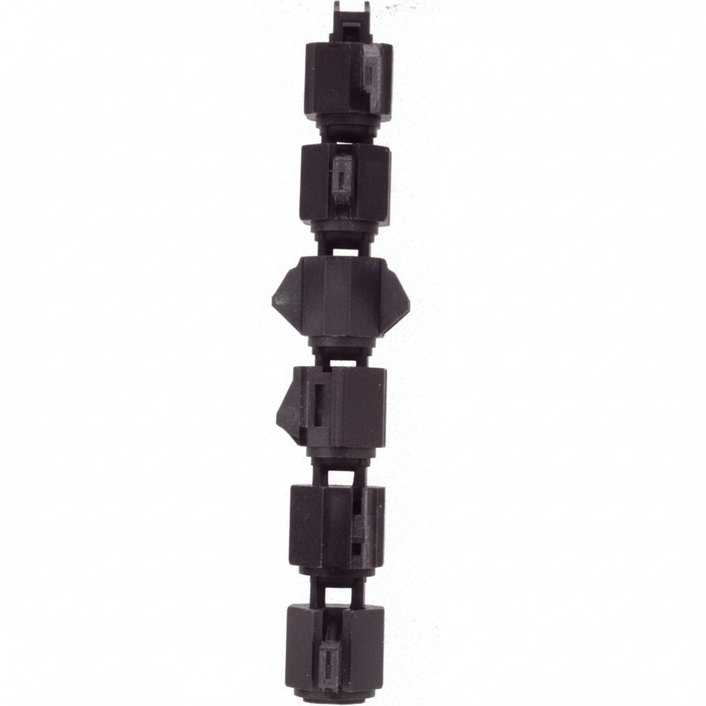 A black and gray Terminator Trencher chain with multiple tungsten carbide teeth, positioned vertically in a studio shot against a black background.