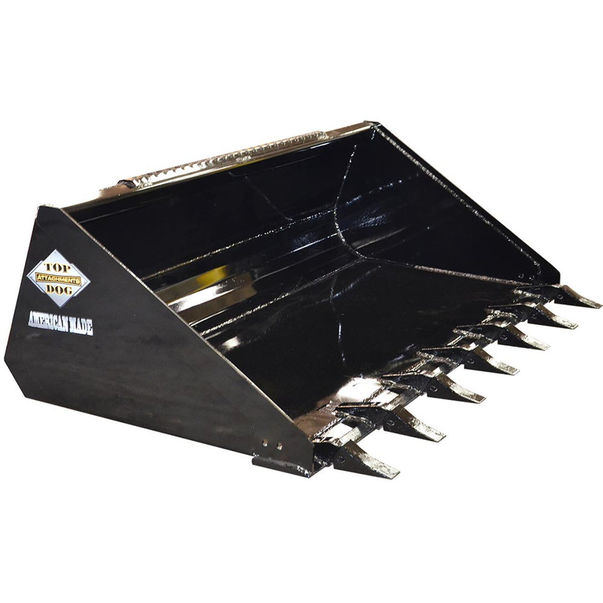 A black heavy-duty skid steer tooth bucket with a 3/8" plate, replaceable Series 23 teeth, and a 3/4" x 6" beveled edge, shown at an angle.