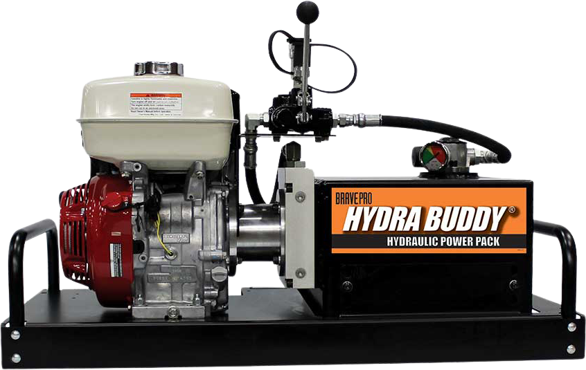 A Brave Pro Hydra Buddy hydraulic power pack, model HBHR280GX, featuring a Honda GX engine, on a checkered background to show it's a PNG image.