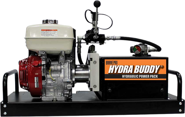 A Brave Pro Hydra Buddy hydraulic power pack, model HBHR280GX, featuring a Honda GX engine, on a checkered background to show it's a PNG image.