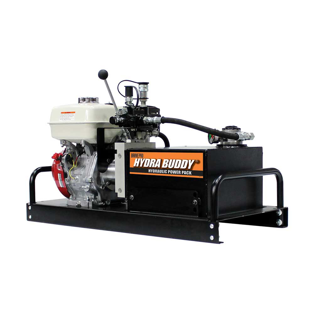 A front-left view of the Brave Pro HBHR280GX hydraulic power pack on a white background, showing the "Hydra Buddy Hydraulic Power Pack" logo on the side of the black tank.