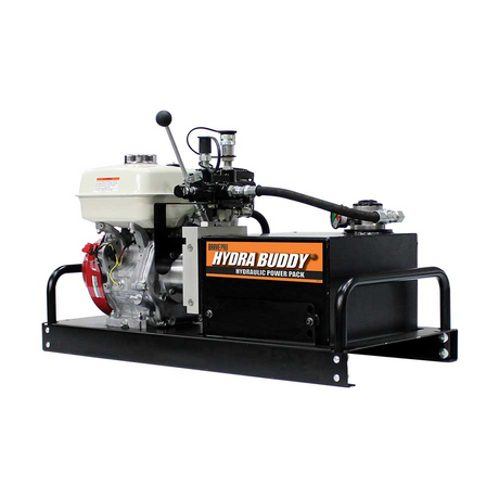 A front-left view of the Brave Pro HBHR280GX hydraulic power pack on a white background, showing the "Hydra Buddy Hydraulic Power Pack" logo on the side of the black tank.