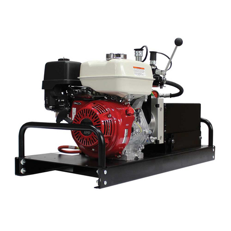 A front-right view of the Brave Pro HBHR280GX hydraulic power pack on a white background, featuring the white gas tank, red Honda engine, and black frame.