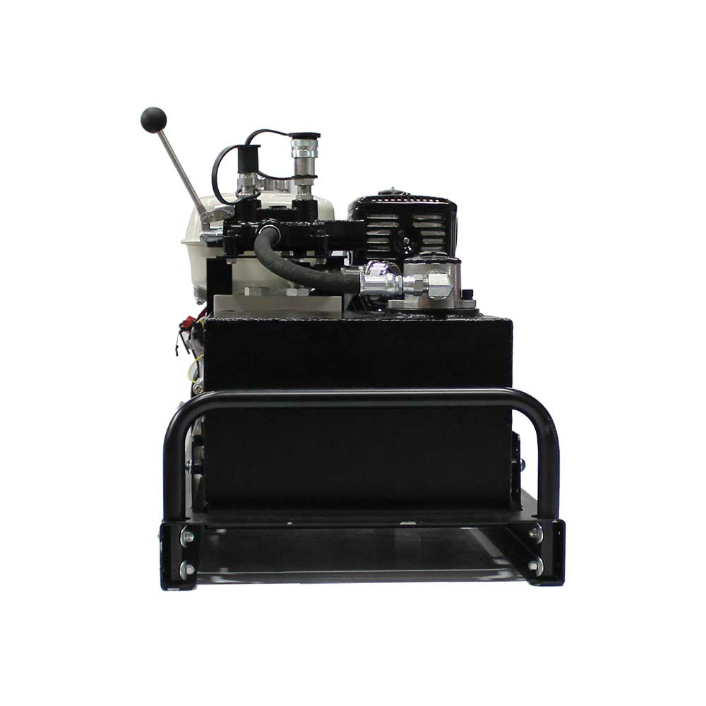 A front view of the Brave Pro HBHR280GX hydraulic power pack, showcasing the black hydraulic tank and the control handle on a white background.
