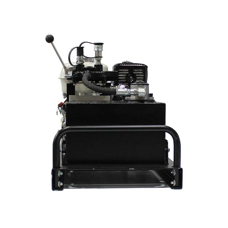 A front view of the Brave Pro HBHR280GX hydraulic power pack, showcasing the black hydraulic tank and the control handle on a white background.