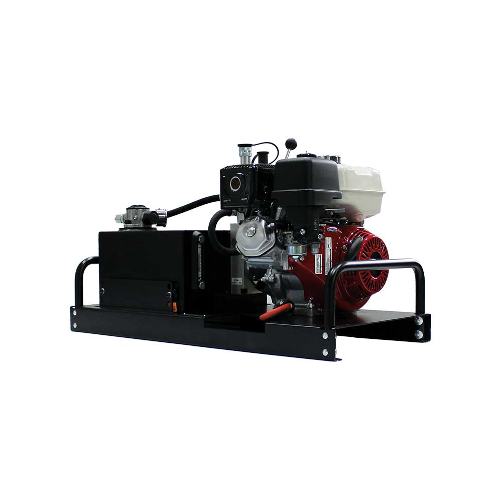 A side view of the Brave Pro HBHR280GX hydraulic power pack on a white background, highlighting its black frame and the red hydraulic pump.