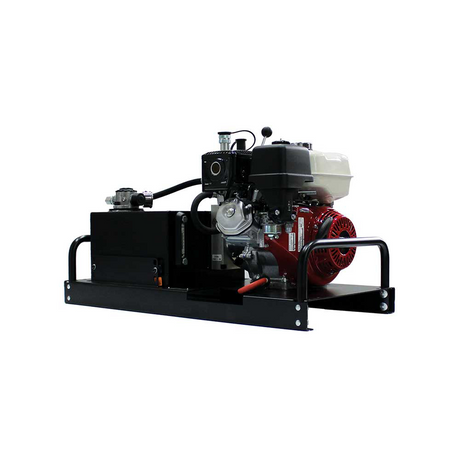 A side view of the Brave Pro HBHR280GX hydraulic power pack on a white background, highlighting its black frame and the red hydraulic pump.