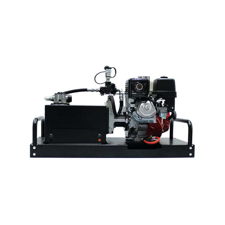 A rear-left view of the Brave Pro HBHR280GX hydraulic power pack on a white background, highlighting the engine and the large black hydraulic fluid tank.