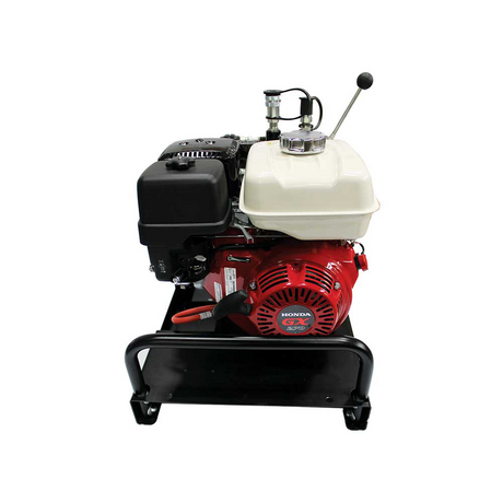 A front-left view of the Brave Pro HBHR280GX hydraulic power pack on a white background, with a focus on the red Honda engine and the white gas tank.