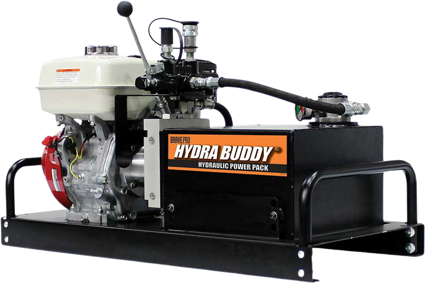 A Brave Hydra Buddy HBHR350GX hydraulic power pack with a red Honda GX390 engine and black hydraulic tank on a transparent background.
