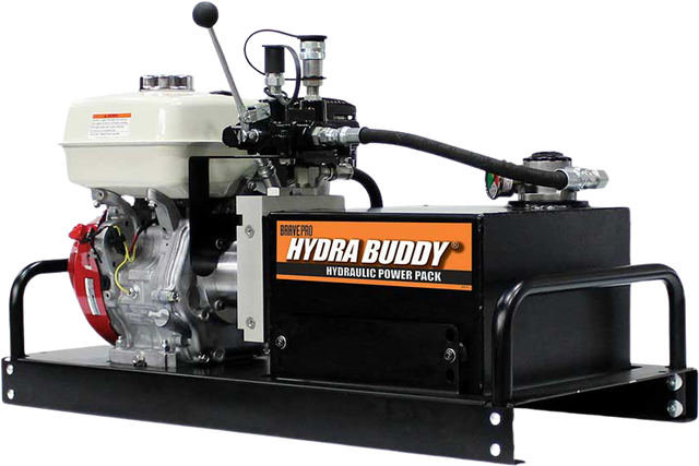 A Brave Hydra Buddy HBHR350GX hydraulic power pack with a red Honda GX390 engine and black hydraulic tank on a transparent background.