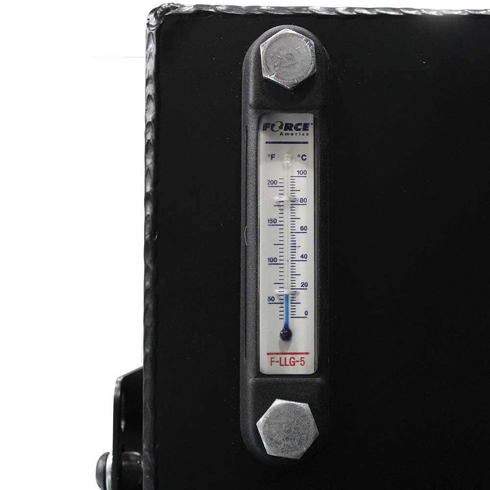 A detailed shot of the fluid level and temperature gauge on the side of the Brave Hydra Buddy hydraulic power pack. The gauge is marked with temperature readings in both Fahrenheit and Celsius, and a "F-LLG-S" label is visible at the bottom.