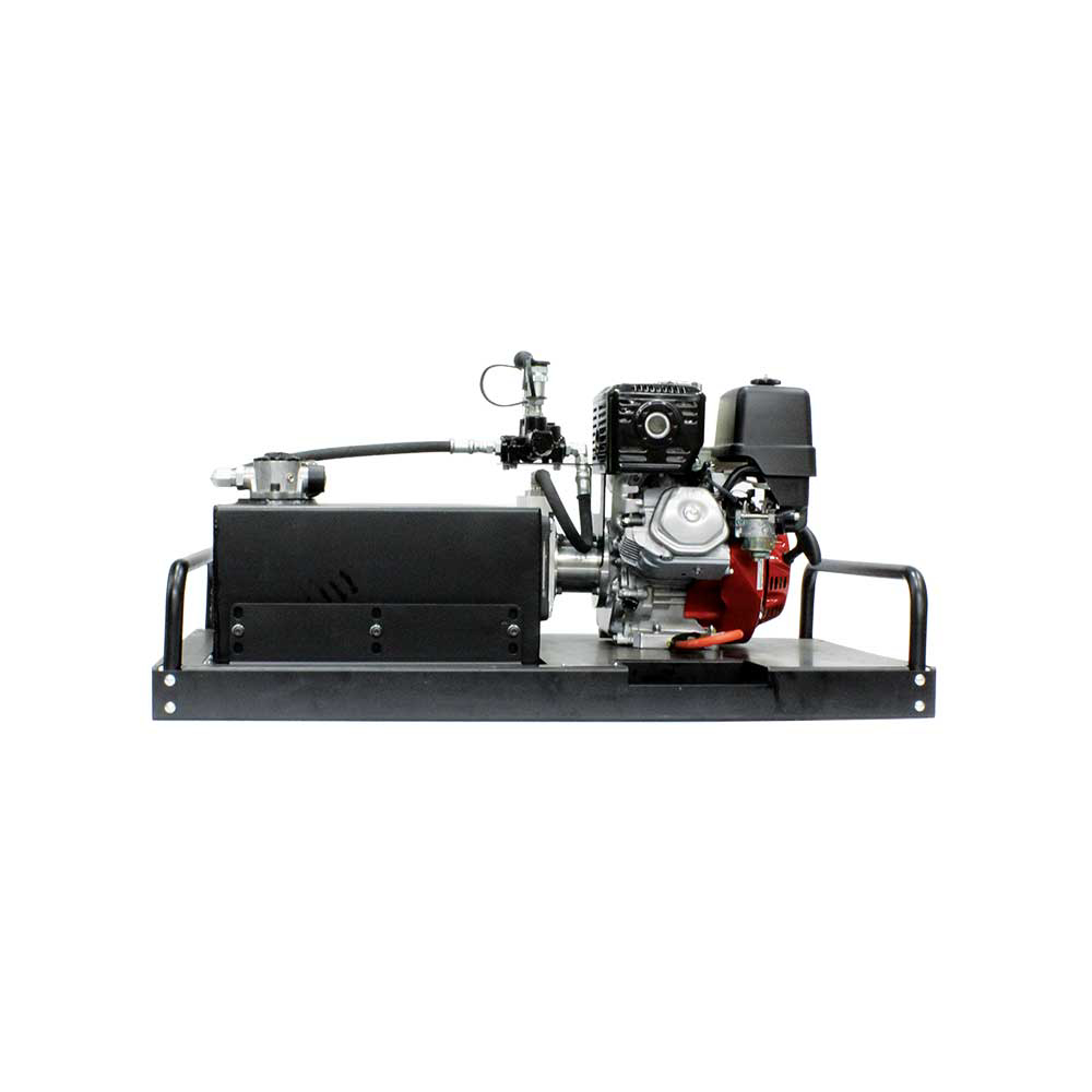 A front-left view of the Brave Hydra Buddy HBHR350GX power pack, showing the black carrying handle and the white gas tank.