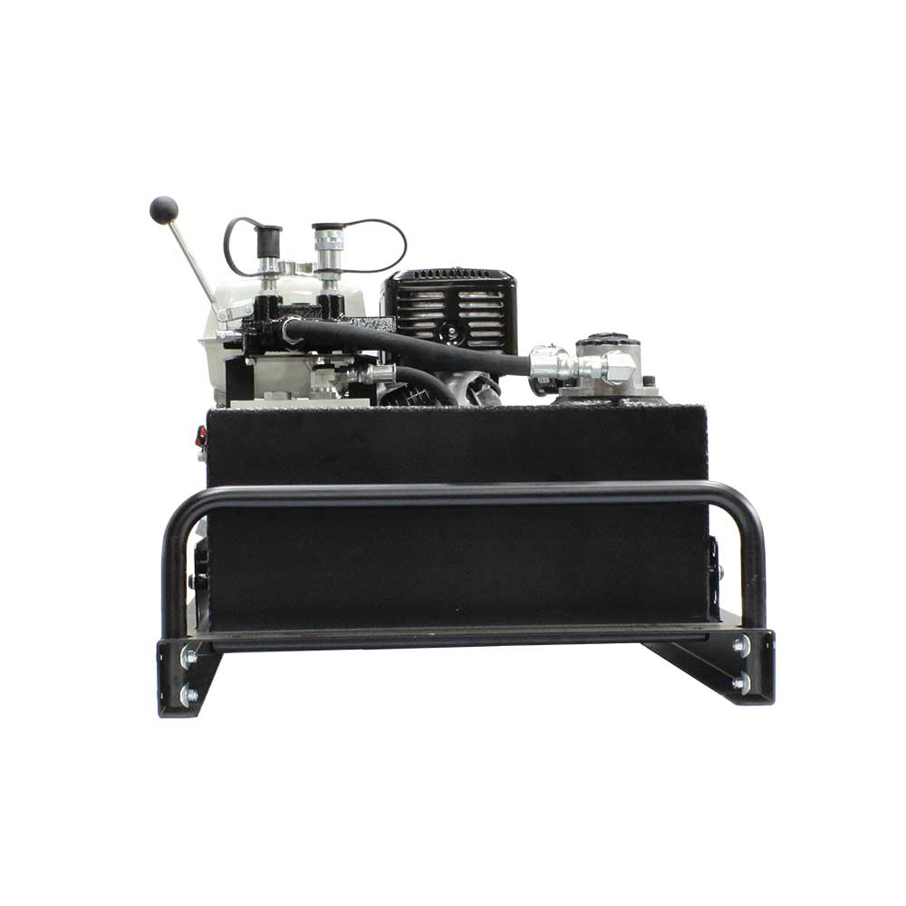 A rear-left view of the Brave Hydra Buddy HBHR350GX power pack, highlighting the red engine and the large black hydraulic fluid tank on a white background.