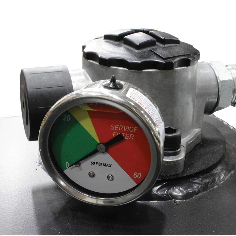 A close-up view of the hydraulic gauge on the Brave Pro HBHR350GX Hydra Buddy.