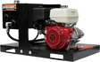 The Brave Skid Mount Hydraulic Power Pack with its black skid base, red engine, and hydraulic tank is shown at a three-quarter angle against a transparent background.