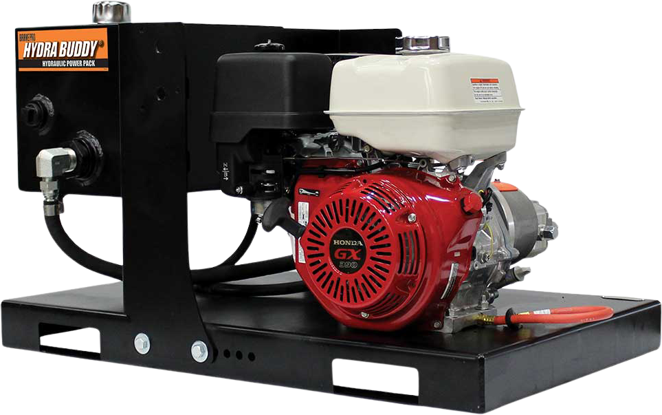 The Brave Skid Mount Hydraulic Power Pack with its black skid base, red engine, and hydraulic tank is shown at a three-quarter angle against a transparent background.